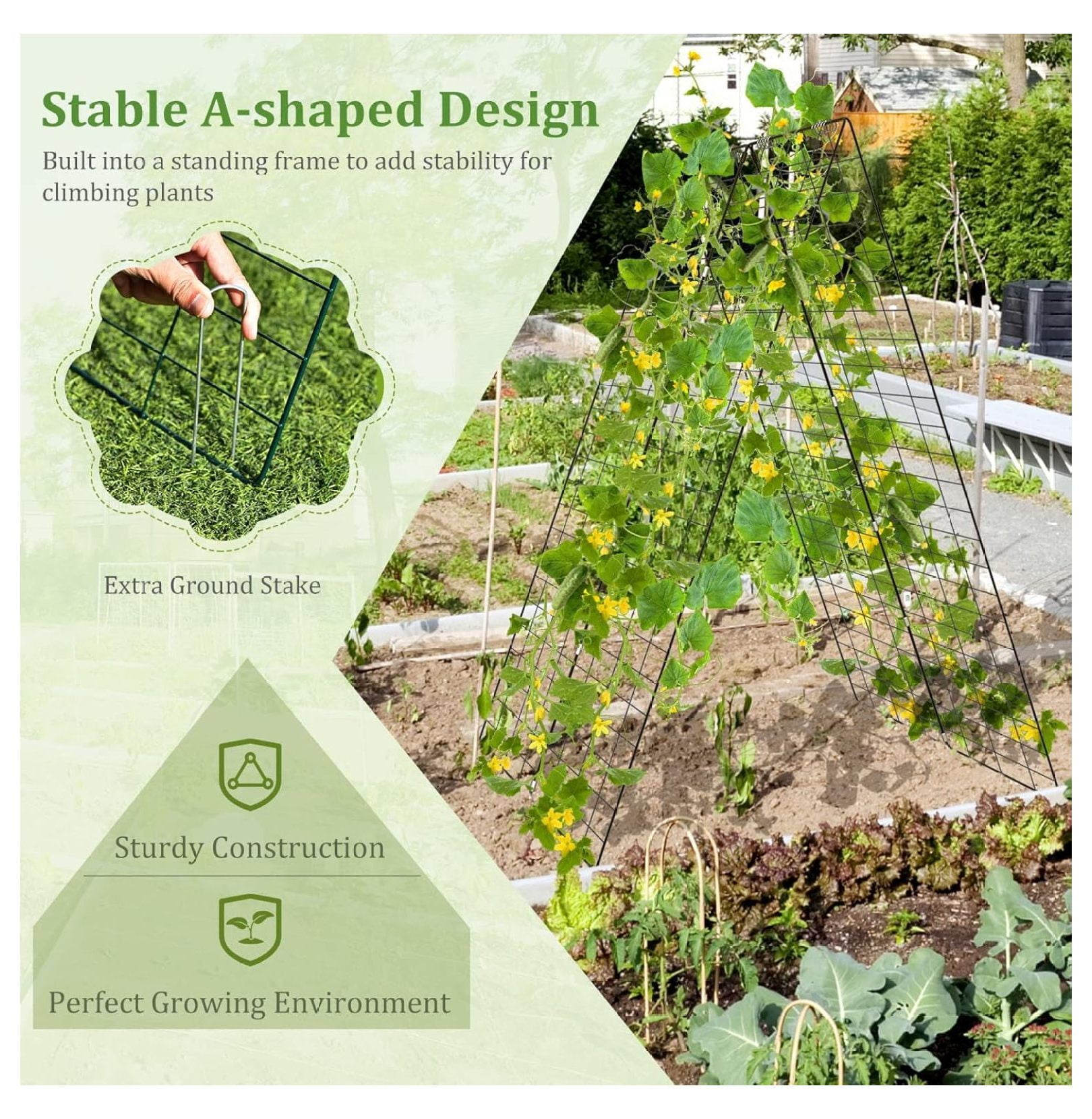 48 x 34 Inch Cucumber Trellis for Garden, 8 PCS Foldable A-Shape  Support W/18 Clips, 16 Ground Stakes, 8 Spiral Connectors, 12 Cable Tie, Twist Tie, Garden Trellis for Climbing
