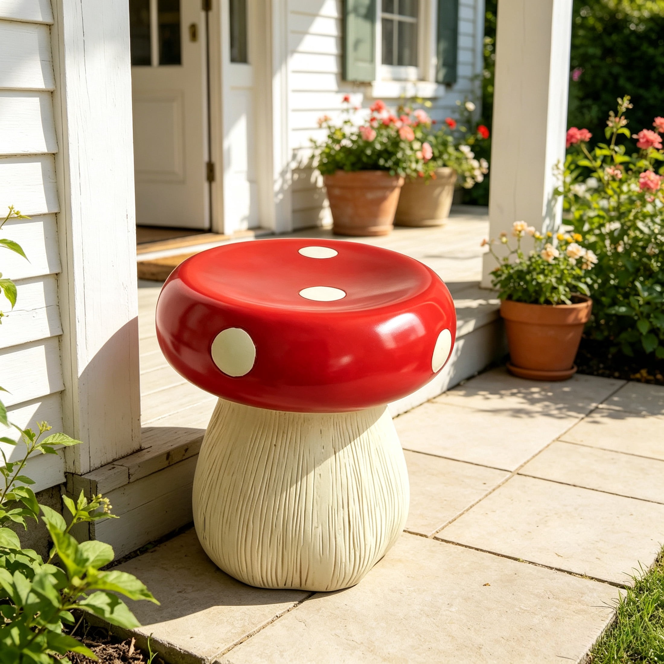 Noble House Art Mushroom Stool, Cute Fairy Decorative Statue, Outdoor Creative Figurine Seat for Patio, Garden, Red