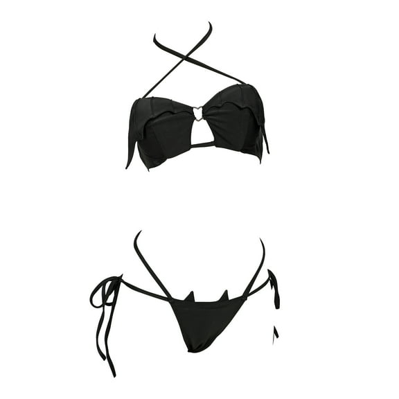 MEOWCOS Women's Gothic Bat Style Black Two-Piece Swimsuit with Halter Top and Low Waist Bottom