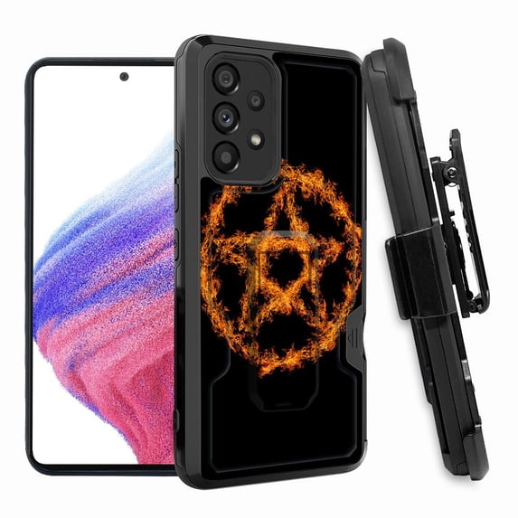 ANJ+ Rugged Shockproof Hoster Case w/Card Slot, Kickstand + Tempered Glass Cover for Samsung Galaxy A33 5G - Fiery Pentagram