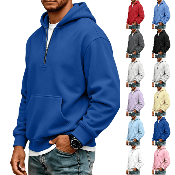 Hoodie Mens Quarter Zip Pullover Basic Sweatshirt Men Drawstring Hooded with Plain Elastic Hem 1/4 Zip Sweatshirt Blue S