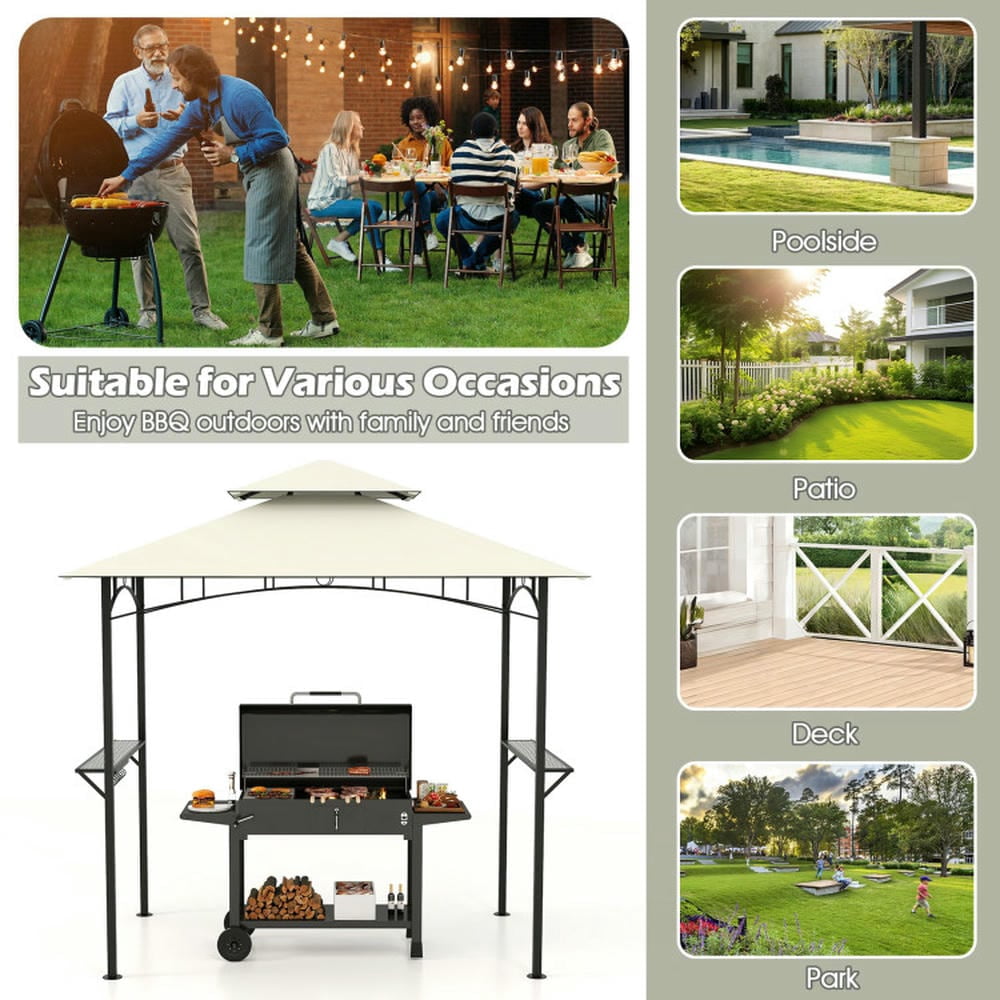 Barara King Gazebo, Outdoor Canopy Shelter,Outdoor Double-Tiered Grill Gazebo Canopy with 2 Shelves and 7 Hooks-Beige