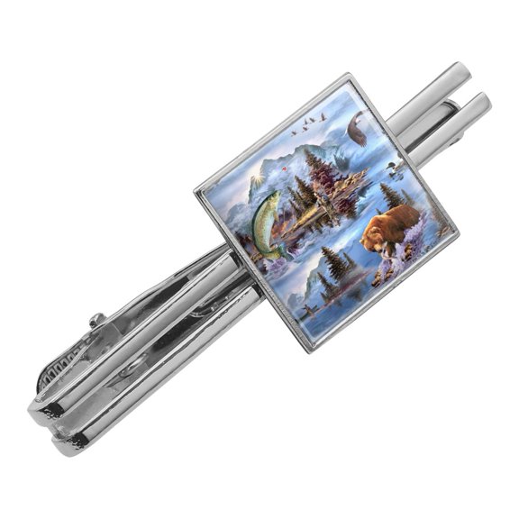 Mountain Fly Fishing Bear Stream Lake Fish Square Tie Bar Clip Clasp Tack- Silver or Gold
