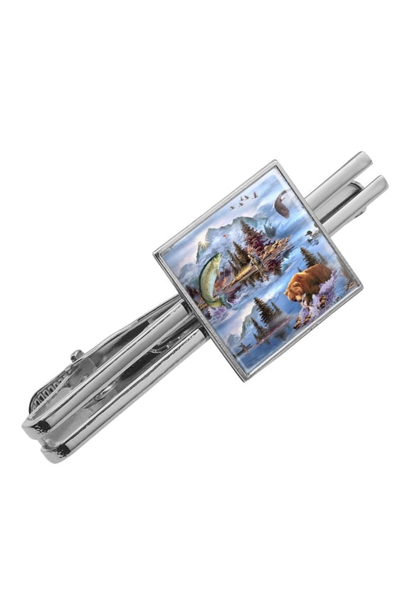 Mountain Fly Fishing Bear Stream Lake Fish Square Tie Bar Clip Clasp Tack- Silver or Gold