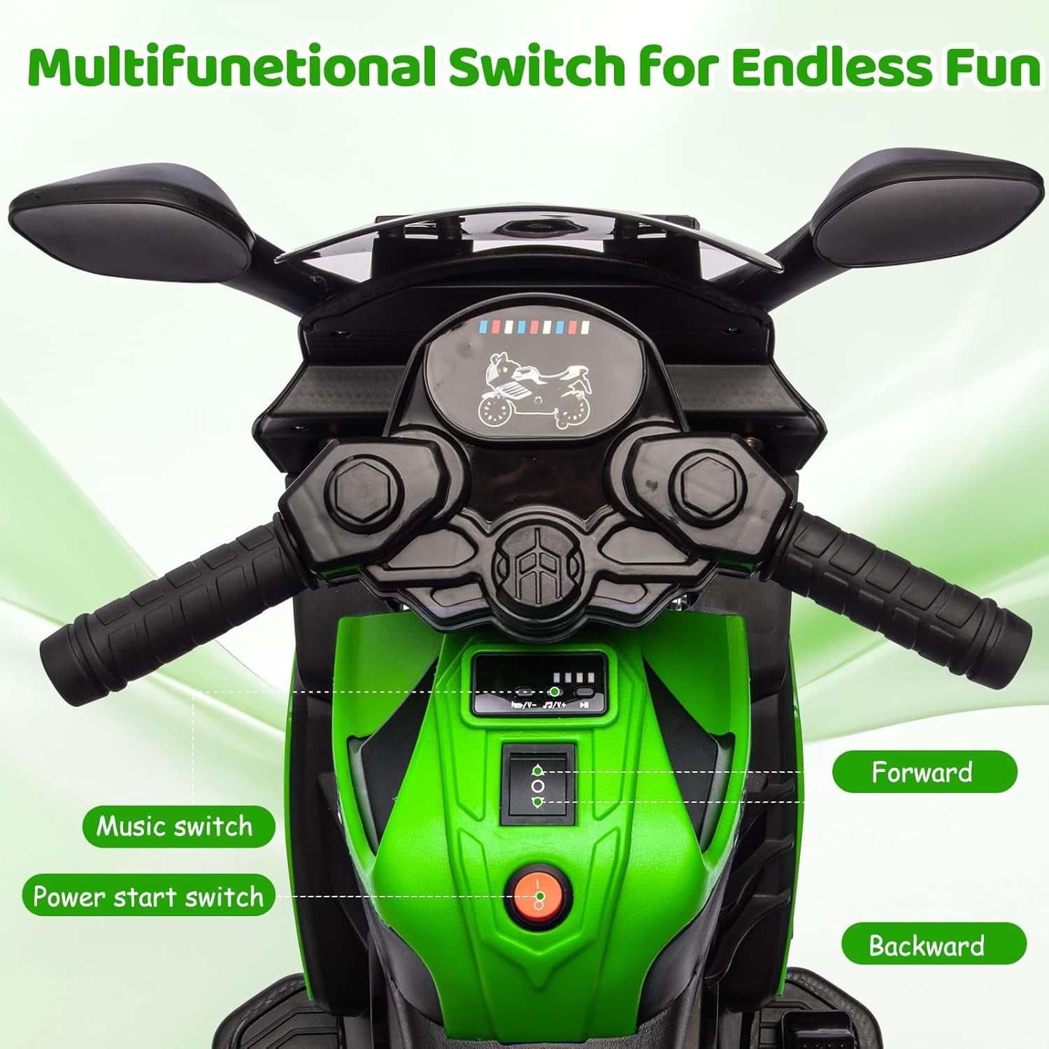 Trilenars 6V Motorcycle, Electric Ride On Car Toy with Training Wheels, Working Headlight, Horn & Music, Battery PoweRed Ride On Motorcycle Toy for Ages 3-6,Green