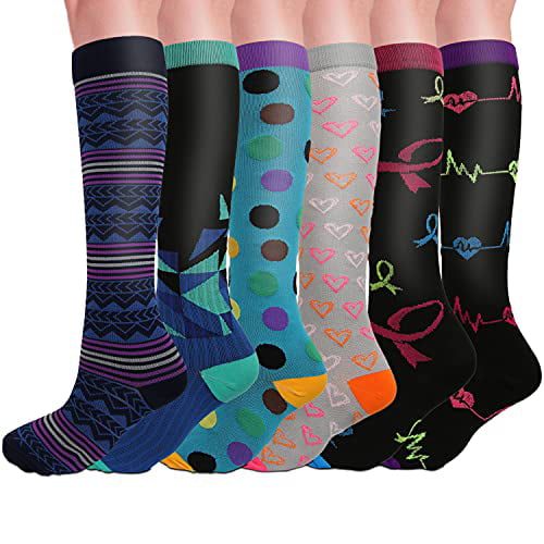 Running Hiking Cycling 6 Pairs Compression Socks for Women & Men Circulation 20-30 mmHg Support for Medical Flight Travel