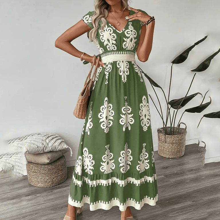 green floral short sleeve dress Cap Sleeve Short Olive Green Casual Dress with Print Olive Bloom / Small