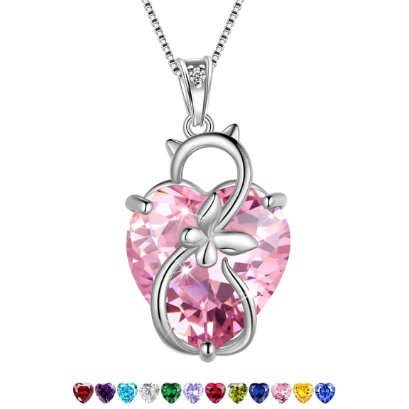 Juwaliy Women Cat Necklace 925 Sterling Silver Heart October Birthstone Pendant Pink Tourmaline Butterfly Jewelry Mother Christmas Valentines Day Gift