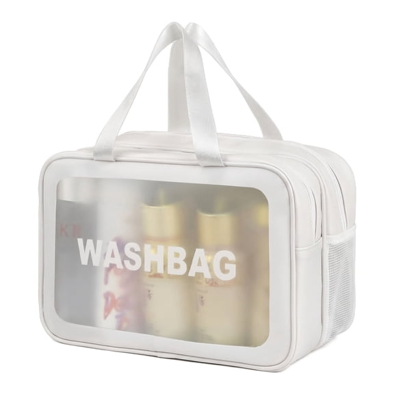 Travel Toiletry Bag for Women & Men, Matte Translucent XL Toiletry Organizer with Handy Handle, Makeup Cosmetic Bag for Travel Accessories - White