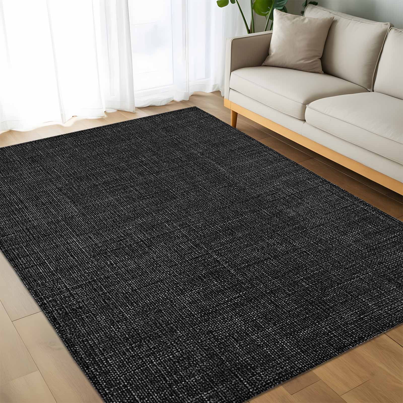 Black 8x10 Area Rugs, Farmhouse Burlap Solid Black Color Modern Linen Texture Non-Skid Rubber Backing Large Rectangle Rugs - Living Room Bedroom Home Office, Indoor Floor Mat Carpets Washable Rug