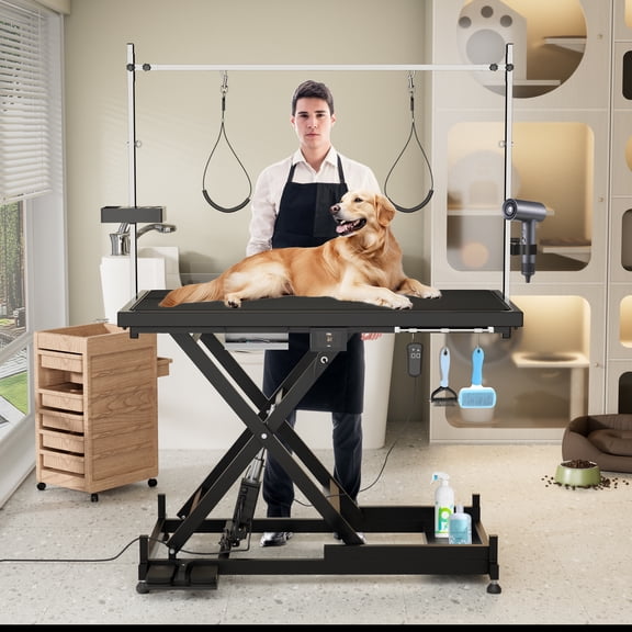 ZephyPaws 50in Electric Dog Grooming Table,8"- 36" Height Adjustable Heavy Duty Electric Pet Grooming Tables with Anti Slip Tabletop,2 Grooming Noose for Dogs&Cats,Black