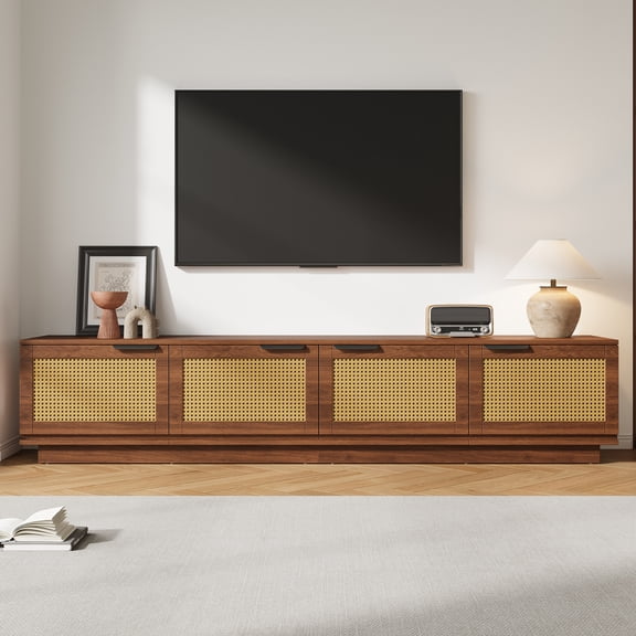 78" Rattan TV Stand for TVs up to 85 Inch, Boho Media Console with Natural Rattan Doors, Modern Entertainment Center with Soft-Close Hinges