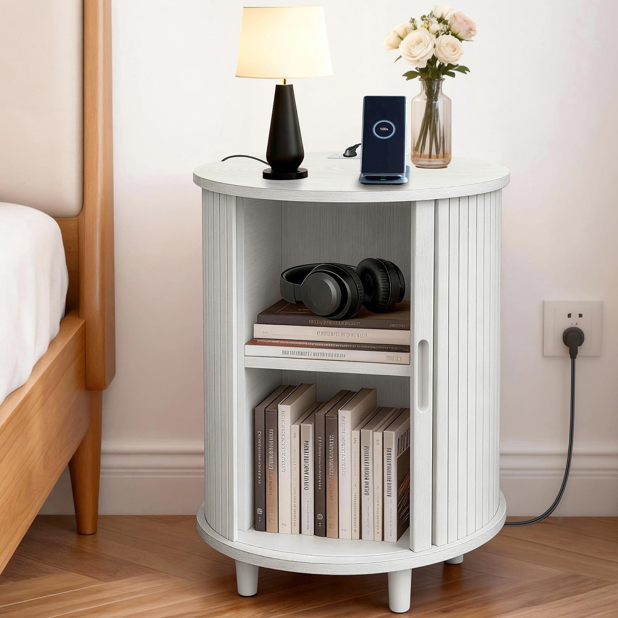 Round End Table Set of 2 with Charging Station, Fluted Nightstand with Sliding Door & Adjustable Shelf, Mid Century Side Table, White