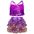 thumbnail image 2 of Doomiva Kids Girls Shiny Sequins Halter Tassel Crop Top with Mini Skirt Set Latin Jazz Salsa Samba Rumba Dance Outfits Purple 8, 2 of 7