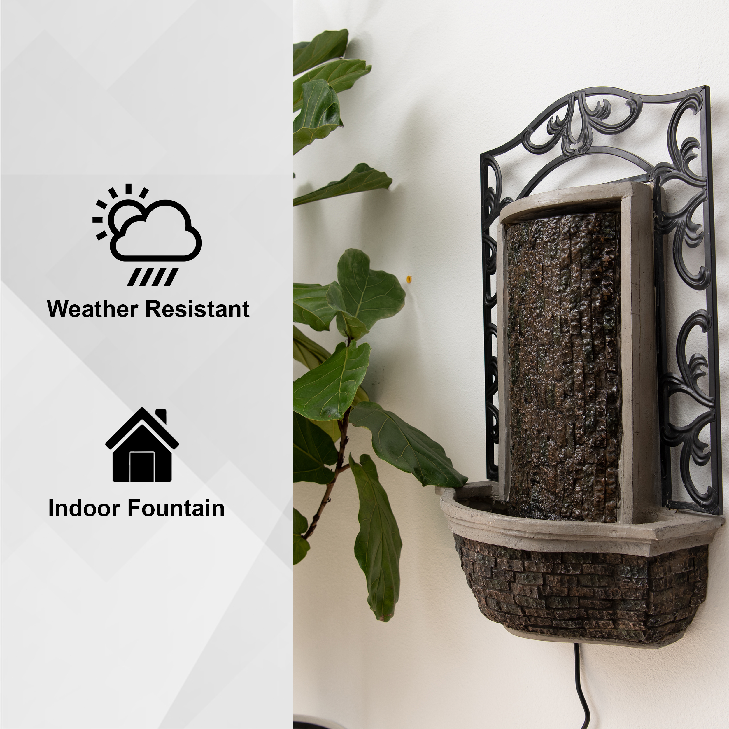 XBrand 30.31" H Stone/Black Polyresin and Metal Indoor Outdoor Wall Mounted Waterfall Fountain with Pump, Wall-Hanging Fountains, Water Fountain Décor, Wall Fountain
