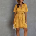 thumbnail image 4 of Fridja Robe Femme Col en V Couleur Unie en Chiffon Taille Élastique à Volants Manches Courtes, 4 of 9