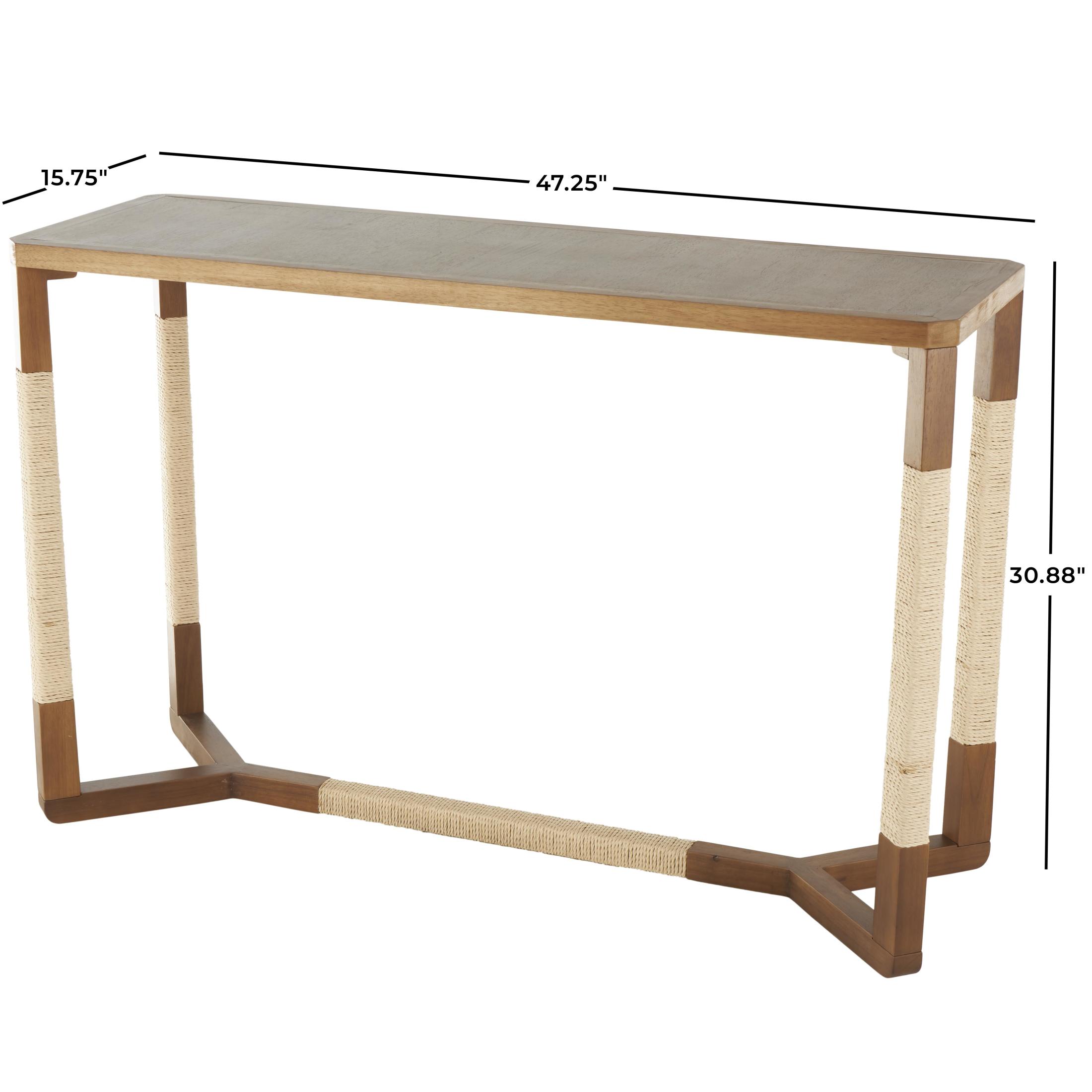 DecMode 47" x 31" Brown Wooden Rectangular Console Table with Rope Wrapped Frame, 1-Piece