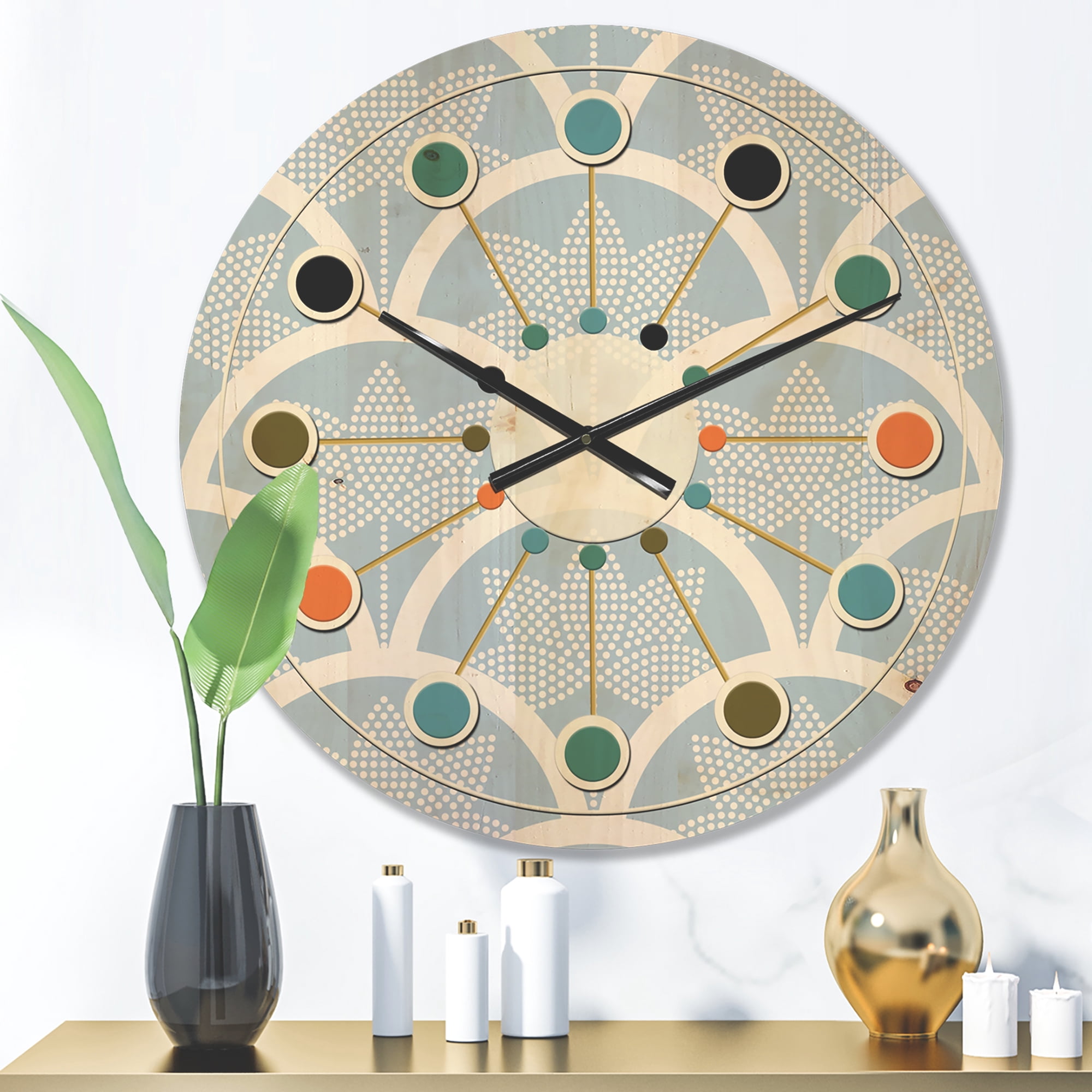 Designart 'Japanese Style Half-Circle Blue Pattern' Mid-Century Modern Wood Wall Clock