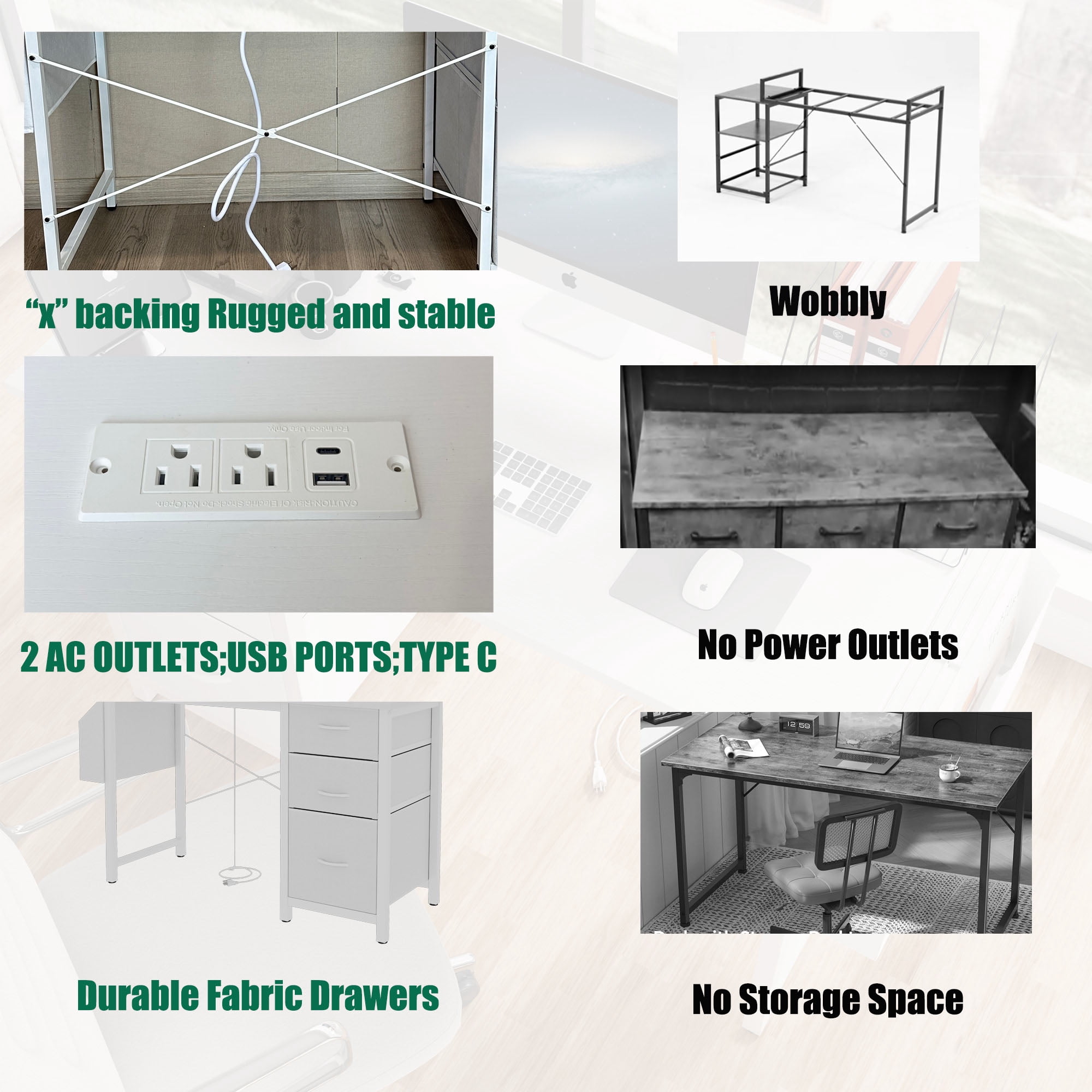 Multi-Functional Hidden Power Outlet Fabric Drawers & Side Pocket Adjustable & Reversible White Modern Executive Desk Home & Office Storage Solution(Chairs not included)