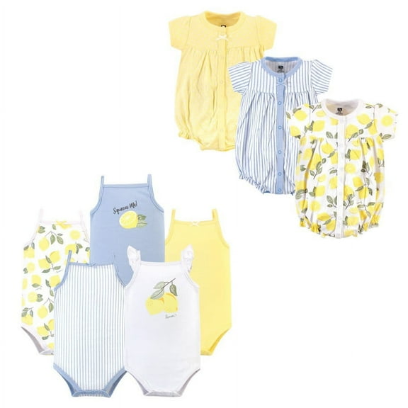 Hudson Baby Infant Girl Cotton Bodysuits and Rompers, 8-Piece, Yellow Lemon, 0-3 Months