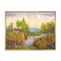 Designart 'Lake In The Reeds With Full Moon' Nautical & Coastal Framed Canvas Wall Art Print