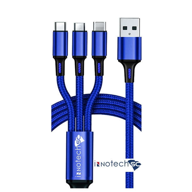 Cable de Carga Múltiple USB 4 Pies, Nailon de Aluminio 3 en 1, Universal con Conectores Tipo C/Micro/Lighting iOSB para Teléfonos y Tabletas