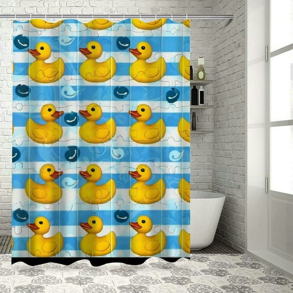 PRATYUS Rubber Duck Shower Curtain, Duckies on Stripes and Small Circles Play Pattern Print, Cloth Fabric Bathroom Decor Set with Hooks White