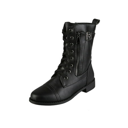 

SIMANLAN Women Vegan Combat Boots Military Booties Round Toe Lace Up Ankle Waterproof Mid Heel Shoes
