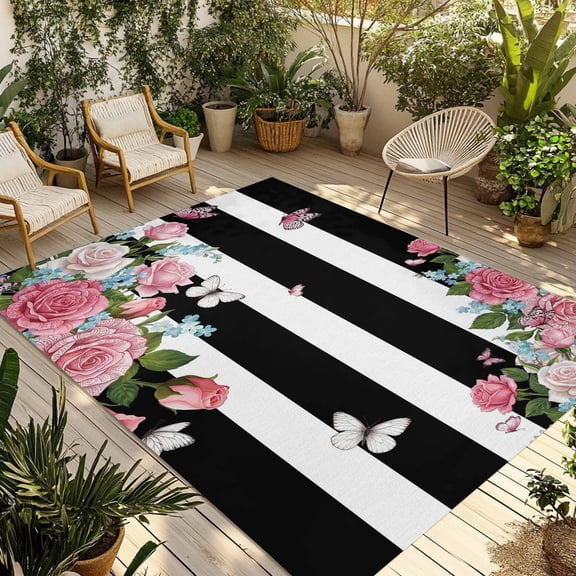 Pink Flowers Outdoor Rug for Patio/Deck, Non-Slip Large Area Rug 4 x 6 Ft, Spring Floral Butterflies Black White Striped Farmhouse Indoor Outdoor Rugs Washable Area Rugs, Camping Rug Carpet Runner