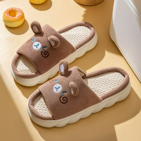 

CoCopeanut Paltform Home Slippers Female Cute Cartoon Bear Anti-slip Sweat Household Comfy Shoes Slides Four Seasons Family Cotton Slipper