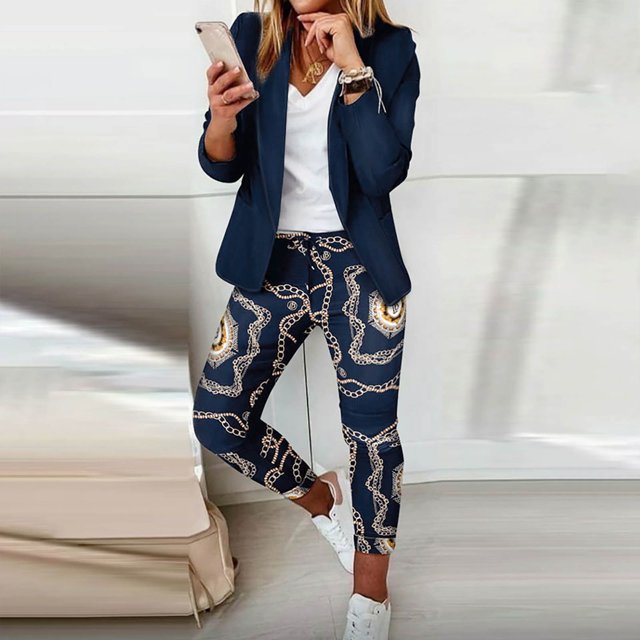ICHUANYI Clearance Women's Long Sleeve Printing Suit Pants Casual Elegant Business Suit Sets(Navy, XXL) ICHUANYI WER2023080902583