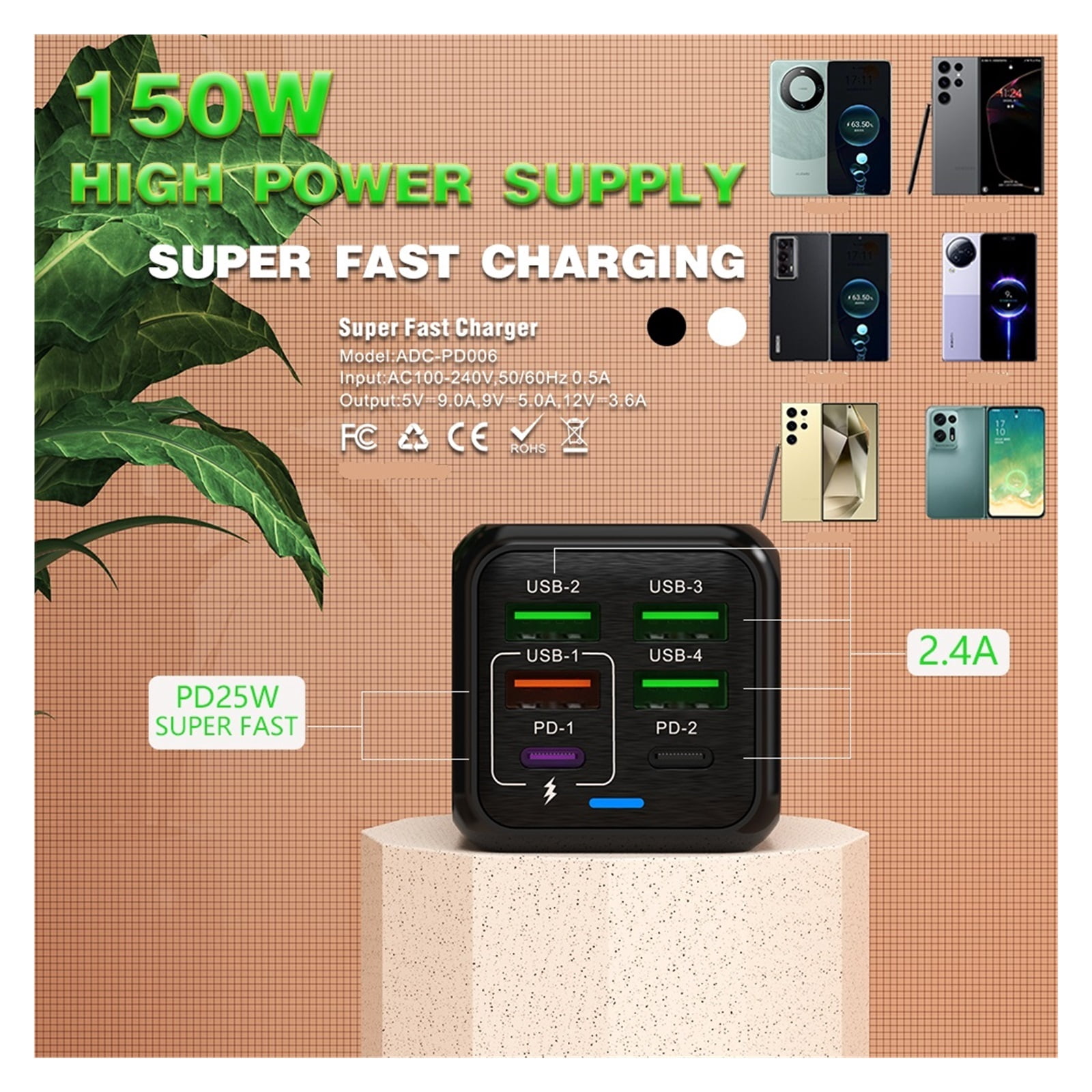 150W 6 Ports Pd QC 4.0 Usb C Fast Charger Wall Adapter Super Fast Charging