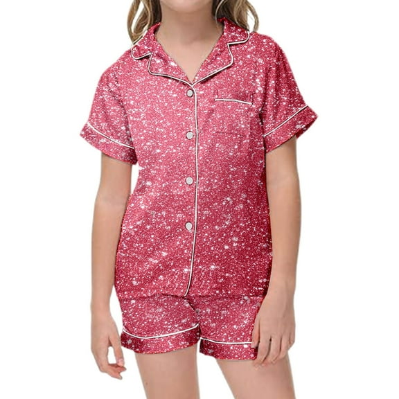 Tfken Girls Loungewear Sets For Summer Lapel Neck Short Sleeve Sequins Button Tops With Pocket And Shorts Set Trendy Sleepwear Children Soft Homewear Outfit Black Size 2-3 Years