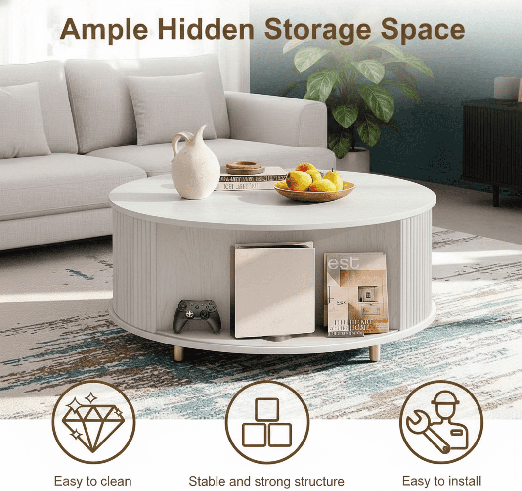 Aisword Round Coffee Table with 360° Sliding Door, Fluted Accent Storage Coffee Table with Adjustable Footpads for Living Room, White