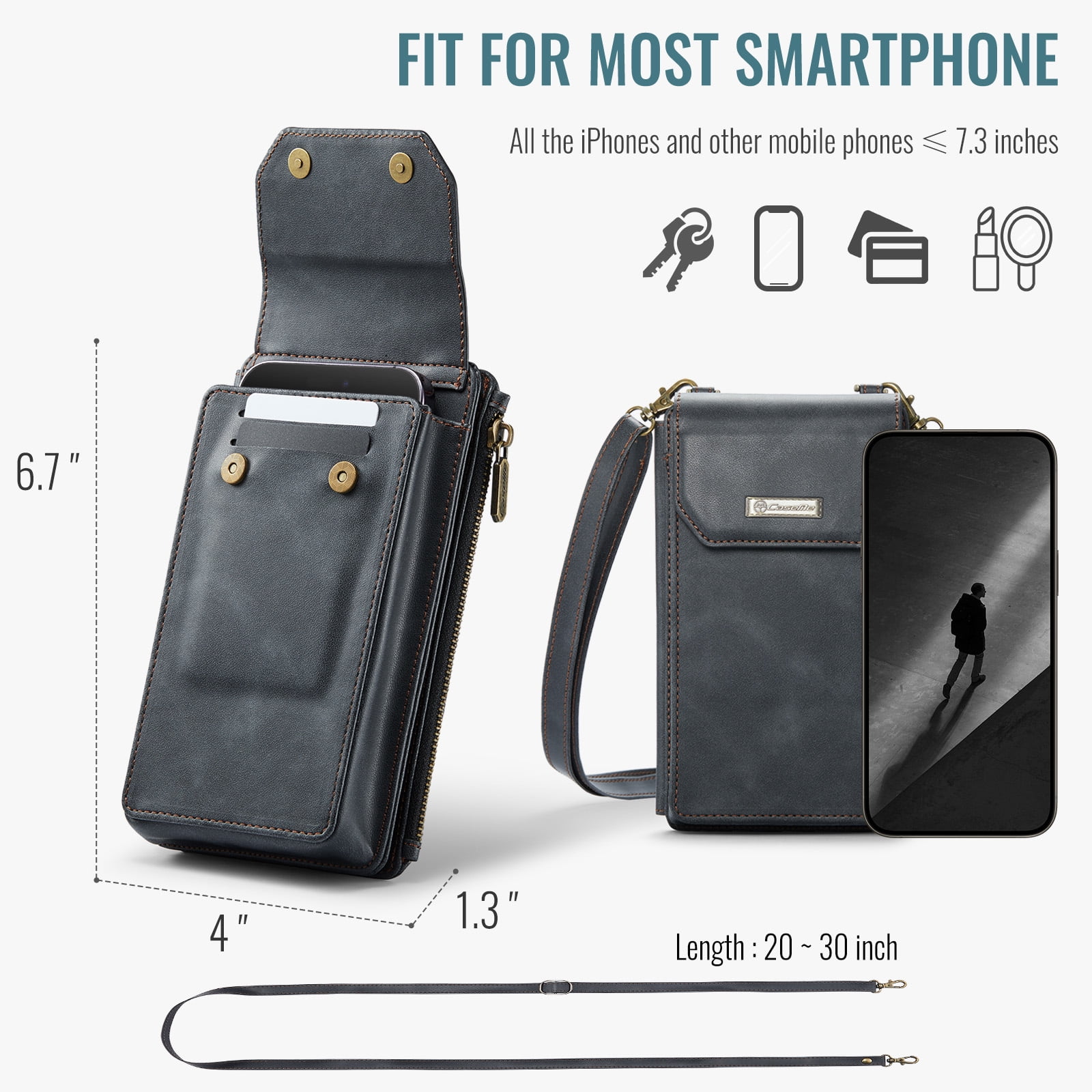 Crossbody Cell Phone Purse Bag for Women Men, Small Leather Wallet with 10 Card Slots,Zipper Pocket & Adjustable Strap Shoulder Bag Clutch with Magnetic Closure Fits Most Smartphones Under 7.3",Black