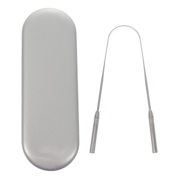 Dispositivo de higiene bucal en forma de U, raspador de lengua de acero inoxidable con caja (plateado)
