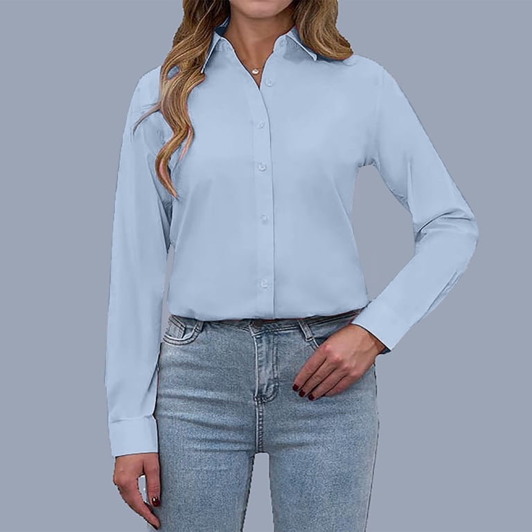 blue women's dress shirt Long Sleeve care finish that resists wrinkles Womens Cotton Basic Button Down