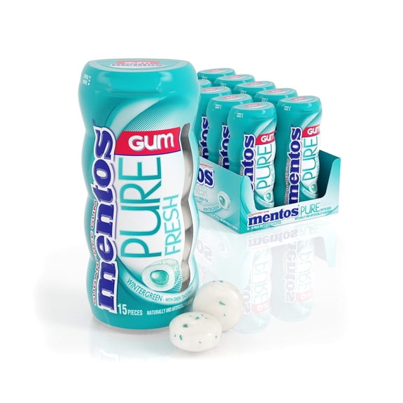 Mentos Pure Fresh Sugar-Free Chewing Gum with Xylitol, Wintergreen, 15 Piece Bottle (Pack of 10)