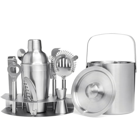 Best Choice Products 10-Piece Stainless Steel Bar Set for Cocktails w/ Ice Bucket, Tongs, Shaker, Jigger, Strainer, Corkscrew, Bottle Opener, Stirrer, Cheese Knife, Stand, (Best Place To Find Scrap Silver)