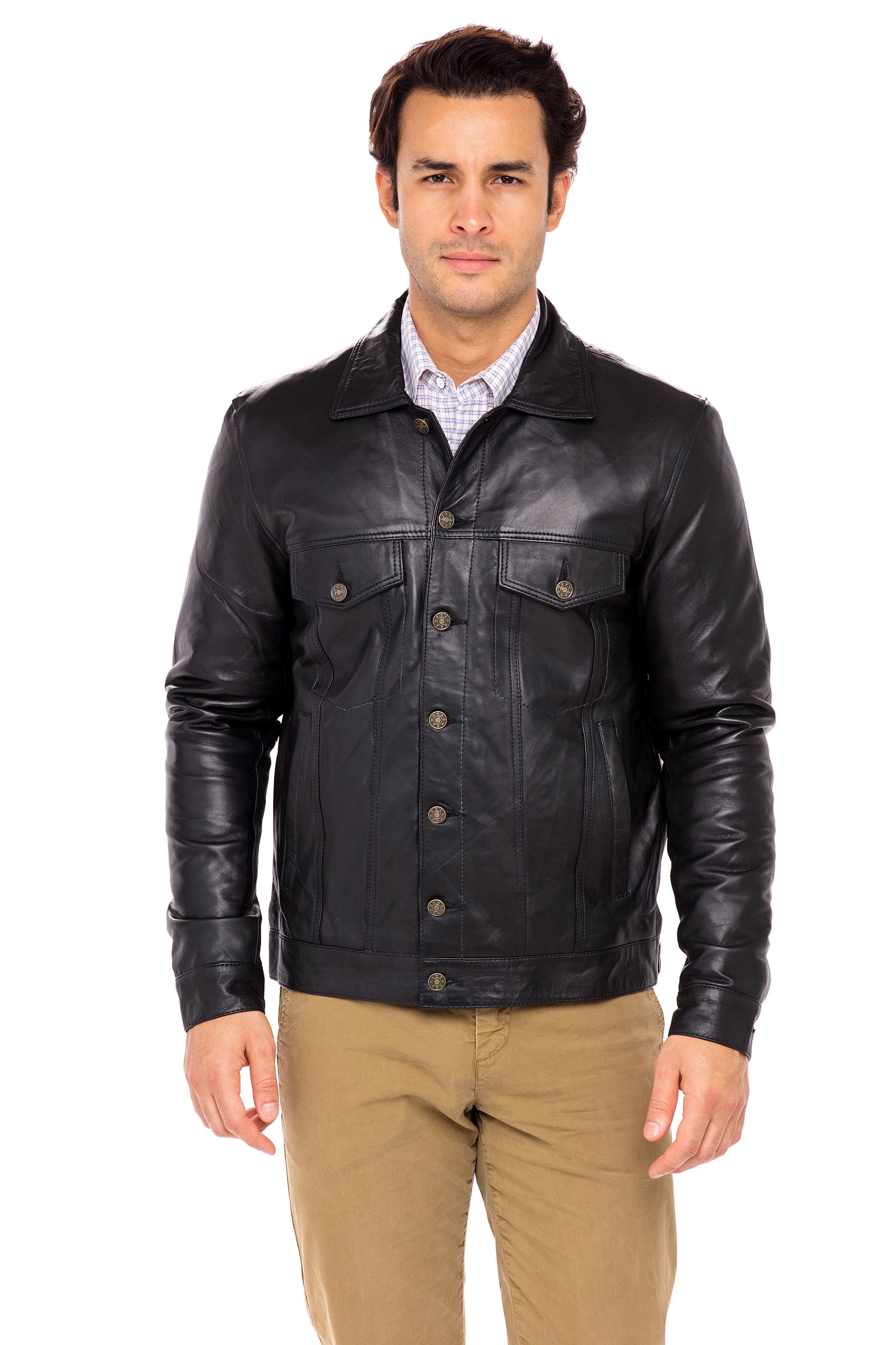 MAN BLACK CASUAL UP STYLE TRUCKER REAL SOFT NAPPA LEATHER JACKETS 