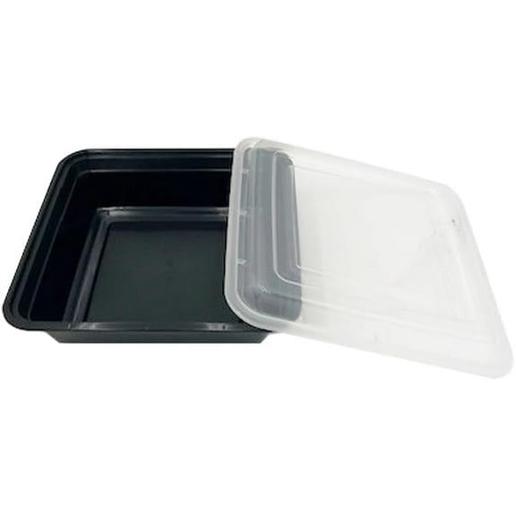 48oz Food Prep Containers with Black Base & Clear Lids - Square & 2" Depth Microwavable Disposable Freezer-Safe BPA-Free Plastic Meal Storage, Combo Pack of 50 sets