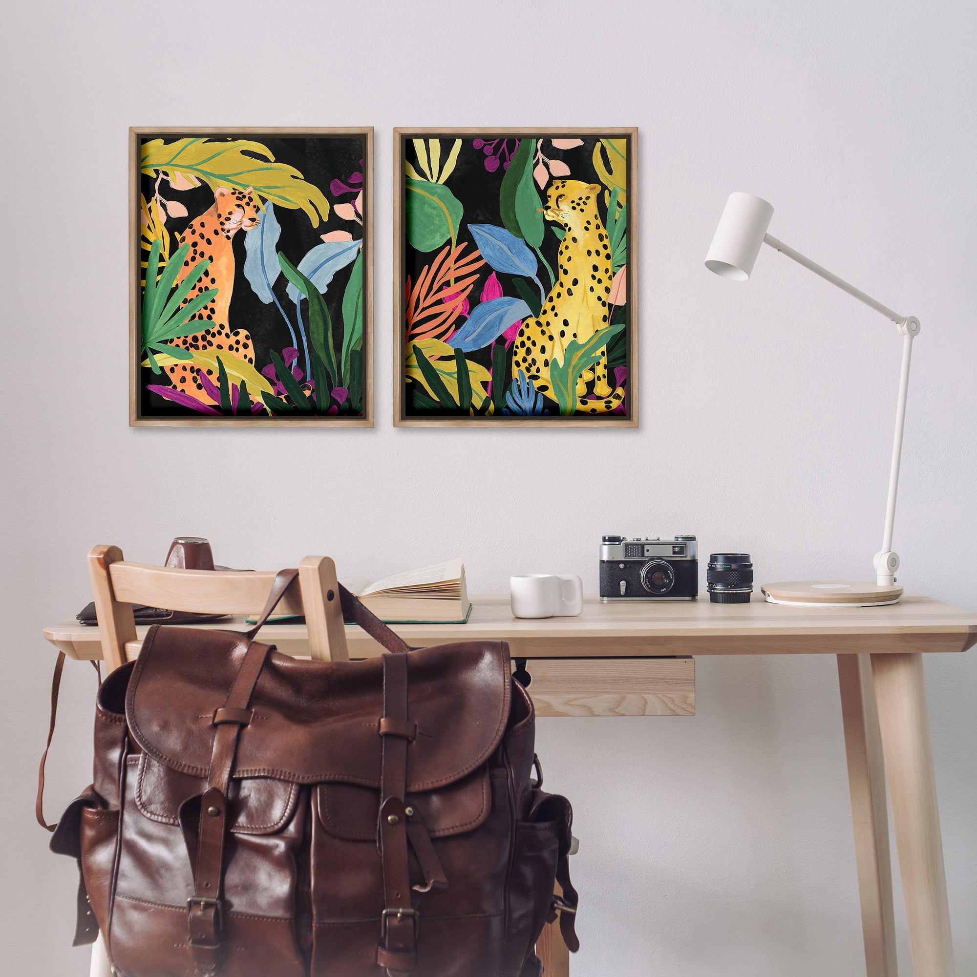 Stupell Industries Leopards & Tropical Leaves Animals & Insects Painting Brown Floater Framed Canvas Art Print Wall Art, 17 x 21, Set of 2