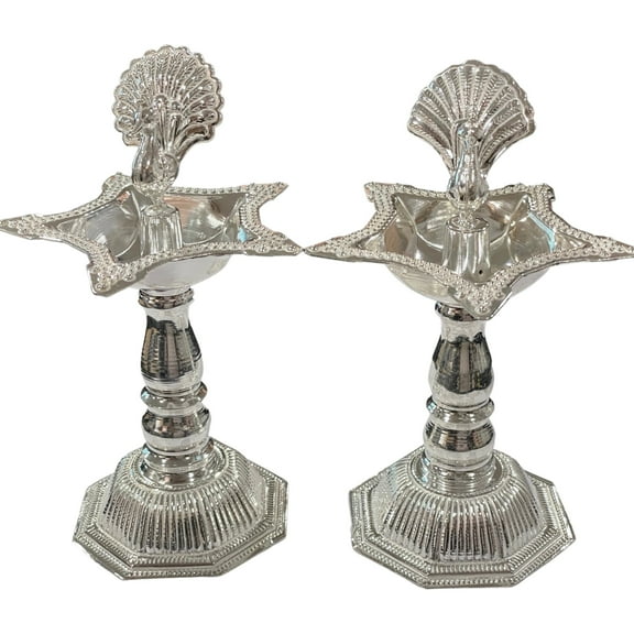 925 Sterling Silver Hallmarked 120ml Capacity Peacock Deepak (Diya) Pair