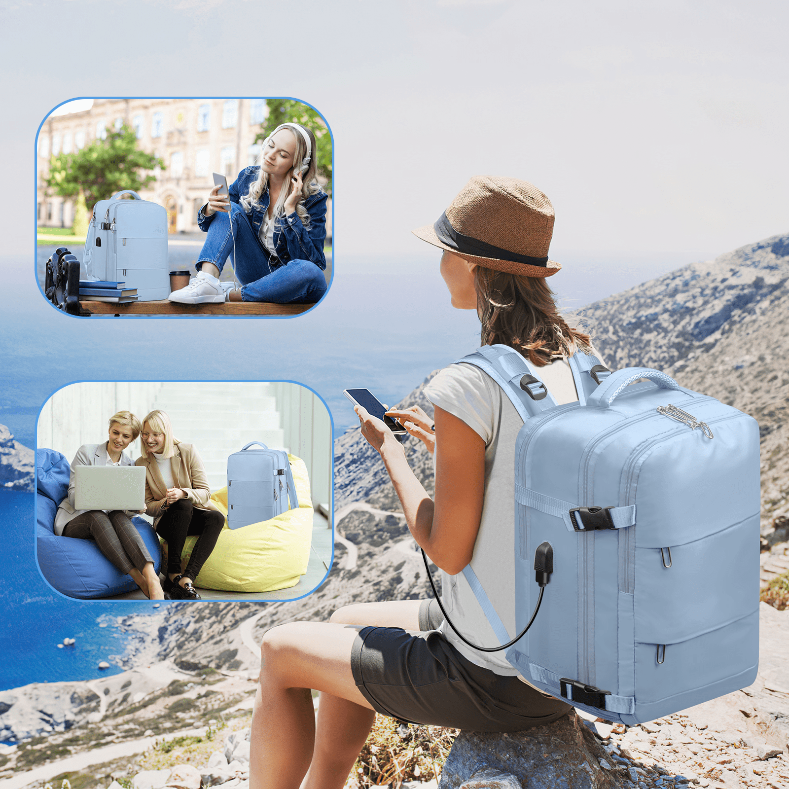 DAKOMM 17.7" Travel Backpack with USB Port & Shoe Compartment, TSA-Approved Laptop Carry On Backpack, Waterproof Large Casual Daypack Travel Bag for Women Men Weekender Trips, Business & Hiking, Blue