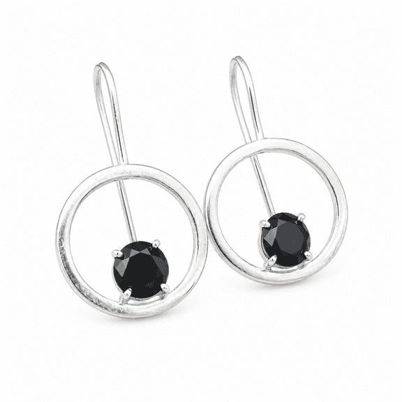 Elanzaa Jewels -925 Sterling Silver Black Onyx Circle Drop Earrings for Women – Minimalist Geometric Dangle Earrings, Handmade Gemstone Jewelry Gift for Her