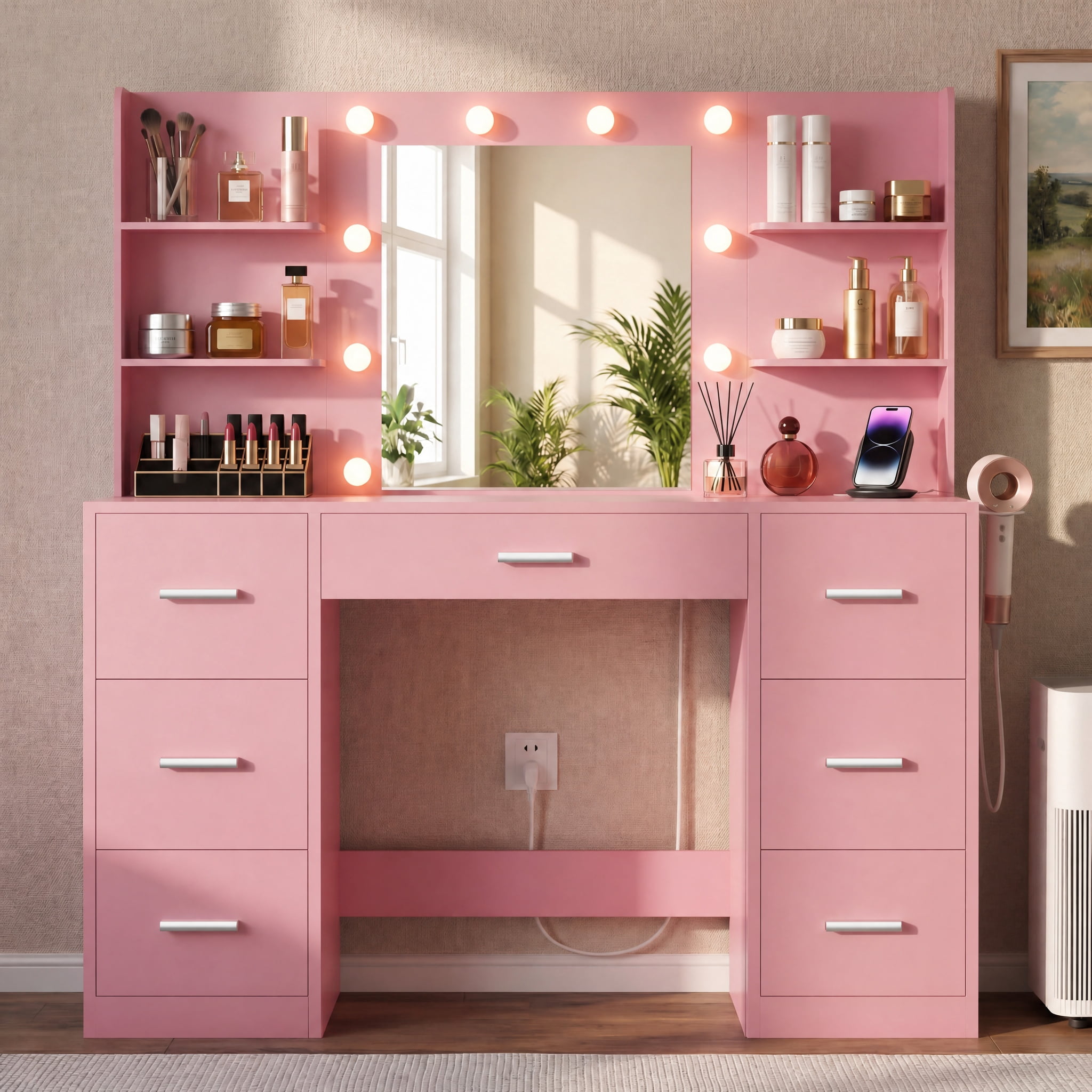 Lacoo Vanity Desk with Mirror and LED Lights, Makeup Vanity with 7 Drawers & 4 Shelves, Vanity Table with Power Outlet for Bedroom Dressing Room, Light Pink