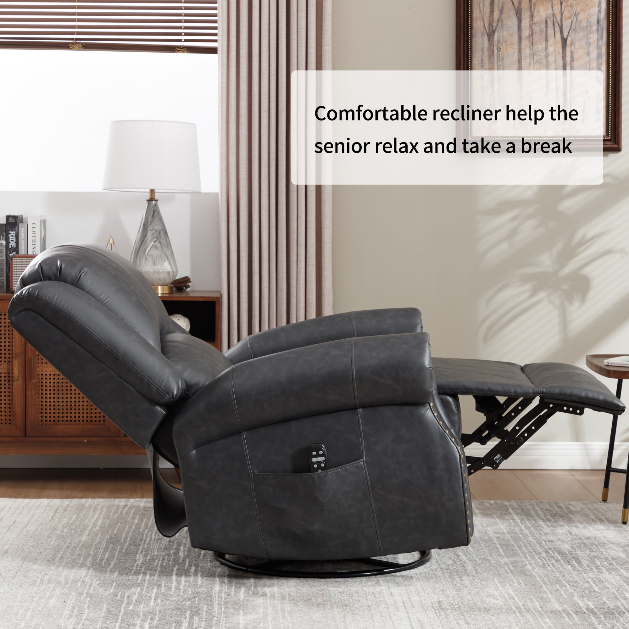 Leumius Oversized Swivel Recliner Chair for Adults,Swivel Rocker Recliner with Vibration Massage and Lumbar Heating for Living Room,Rivet Design,Gray