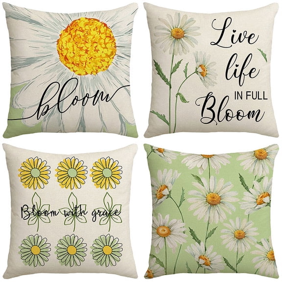 Spring Summer Pillow Covers 18x18 Inch Green Farmhouse Daisy Throw Pillow Cover Sunshine Bloom Decorative Cushion Case for Sofa Couch Home Bed