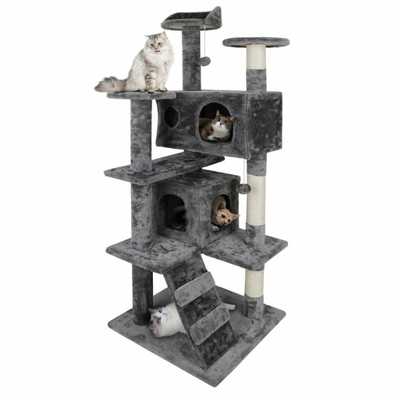 HarmonyStrings  Cat Tree, Multi-Level Cat Tower with Spacious Kitten-ear Perch, 2 Cozy Caves, Scratching Posts, Climbing Ladder, 2 Plush Balls, Durable Pet House Furniture for Indoor Kittens, Gray