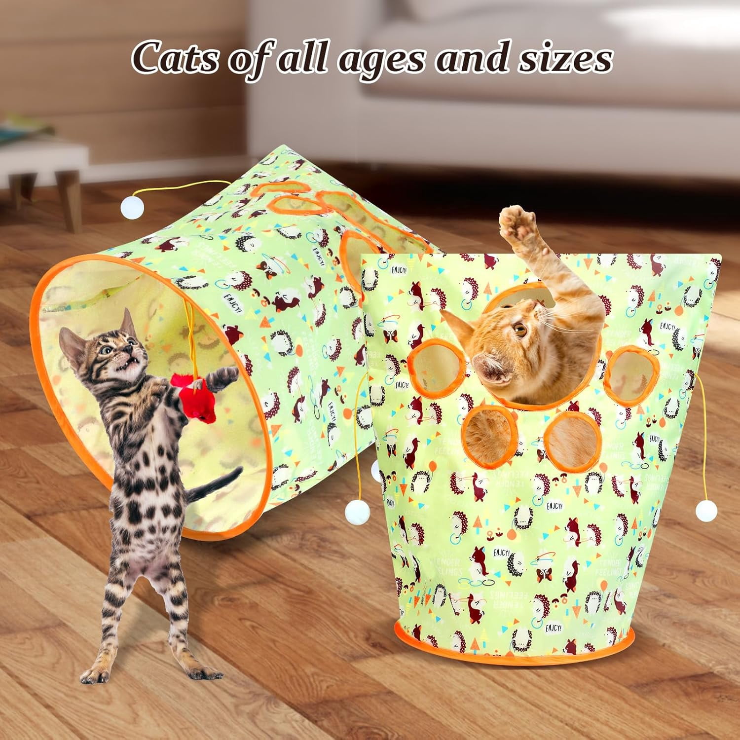Cat Tunnel Bag with Toy Balls and Mouse, Collapsible Crinkle Sack, Light Green